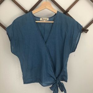 Denim Short-Sleeve Wrap Top in Faded Indigo